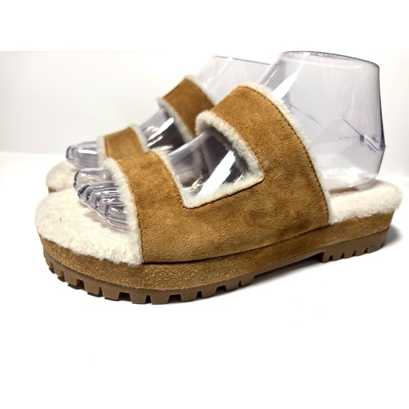 Tamara Mellon Shoes - Tamara Mellon Shearling Slide Sandals Brown Suede Italy Lug Sole Women 36.5
